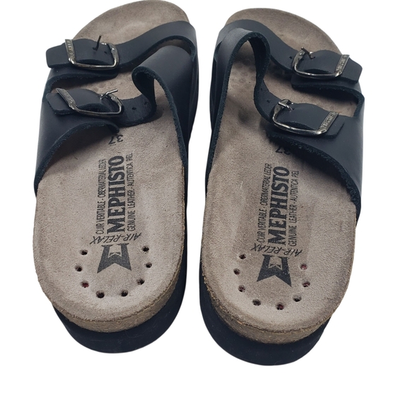Mephisto Black Leather Two Strap Sandals Adjustable Buckles Cork Footbed Size 37 - Picture 5 of 16